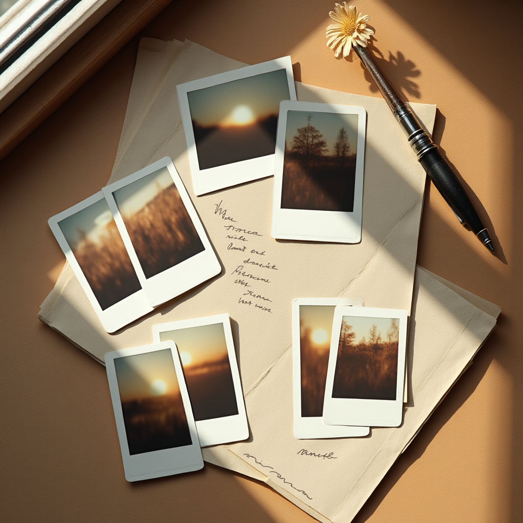 Alte Polaroidfotos und handgeschriebene Notizen auf einem Schreibtisch