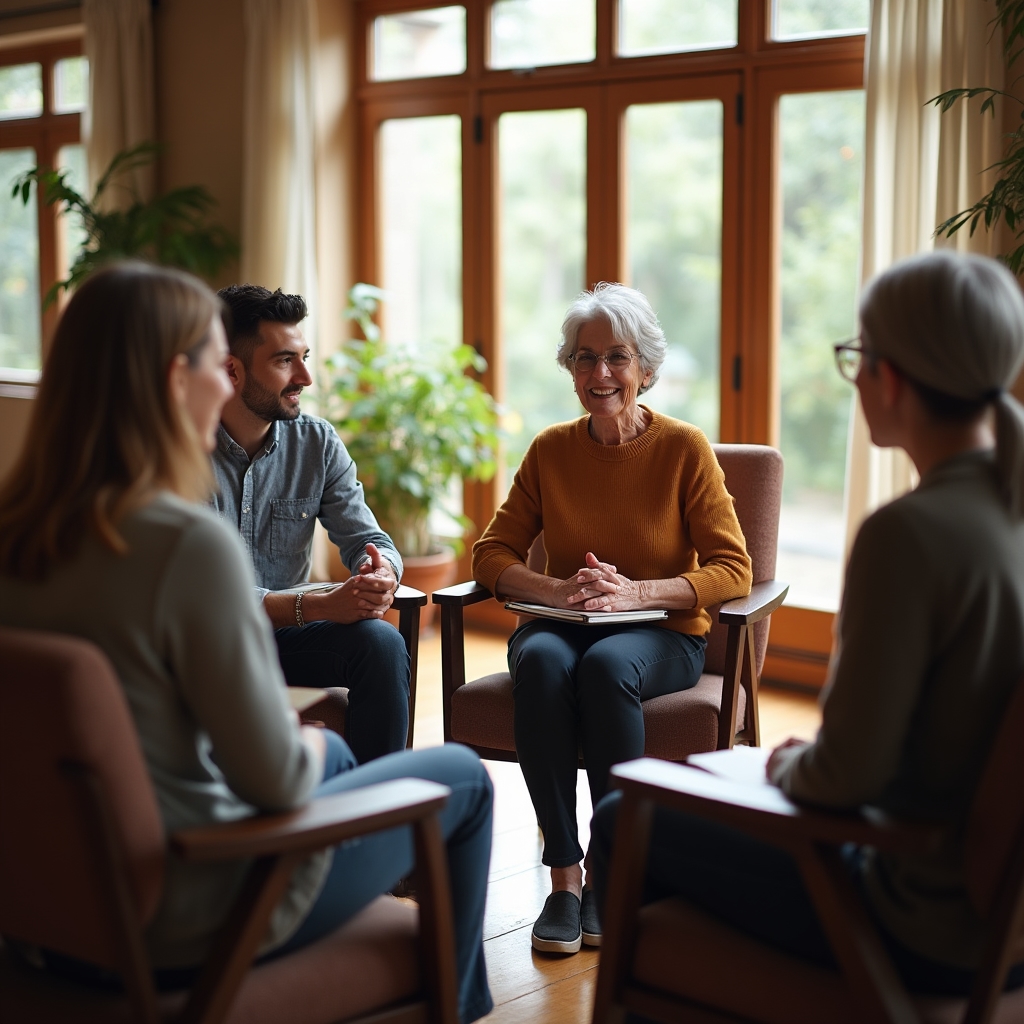 Kleine Gruppe sitzt an einem Tisch bei einem Workshop zu Spargewohnheiten