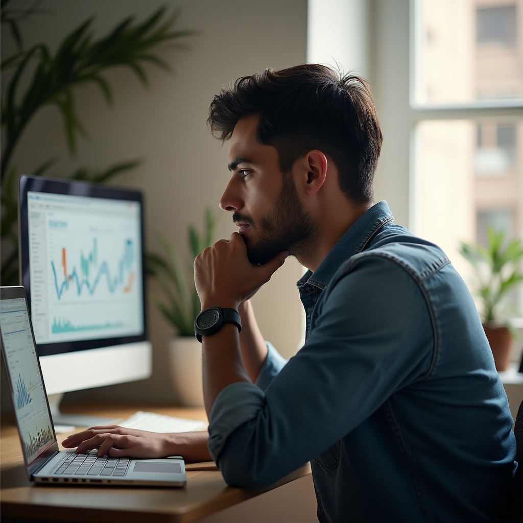 Person reflektiert am Laptop über die eigene Finanzübersicht