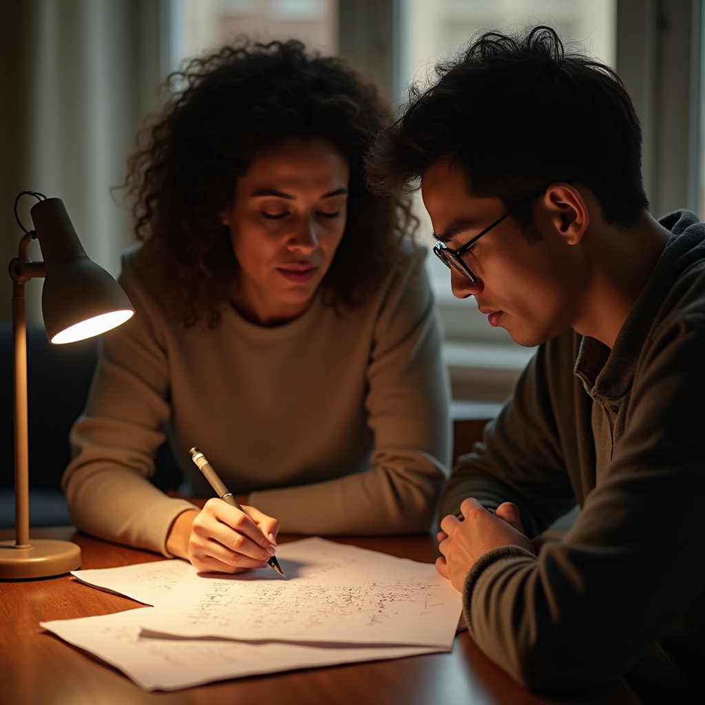 Berater und Teilnehmerin besprechen handschriftliche Notizen zur Sparmethode